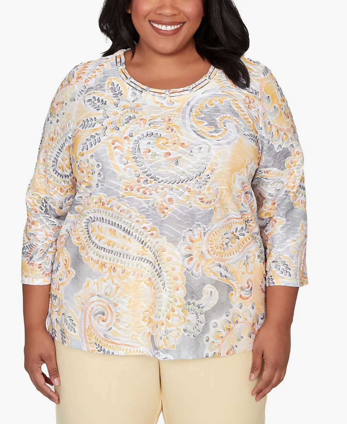 Al Fresco Paisley Printed Patch Knit Top by Alfred Dunner