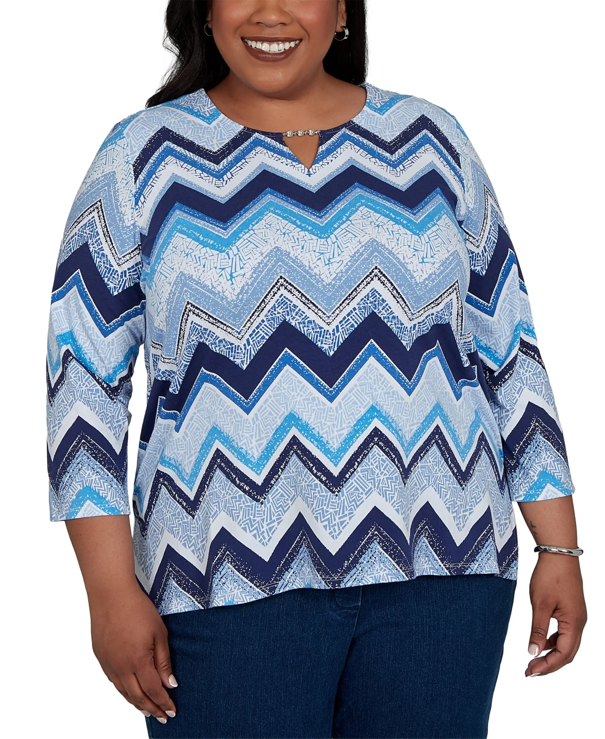 Chevron Blues Split Neck Top - Denim