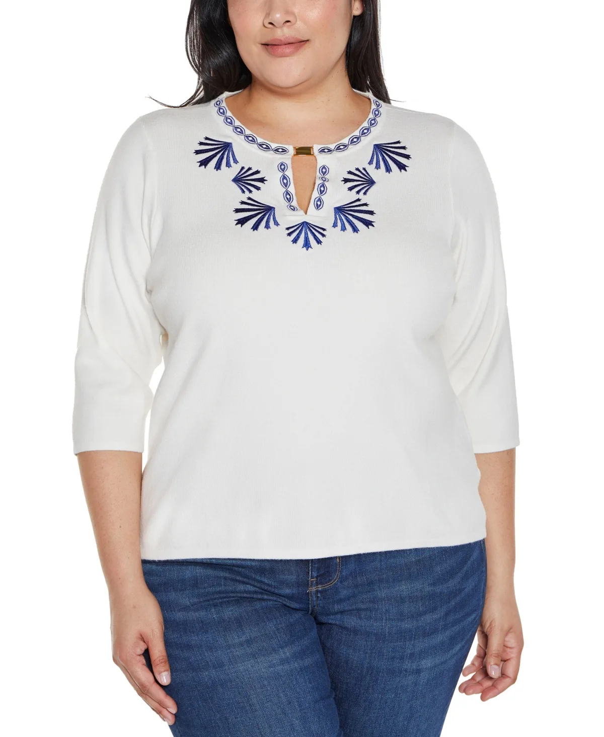 Black Label Embroidered Split-Neck Sweater by Belldini