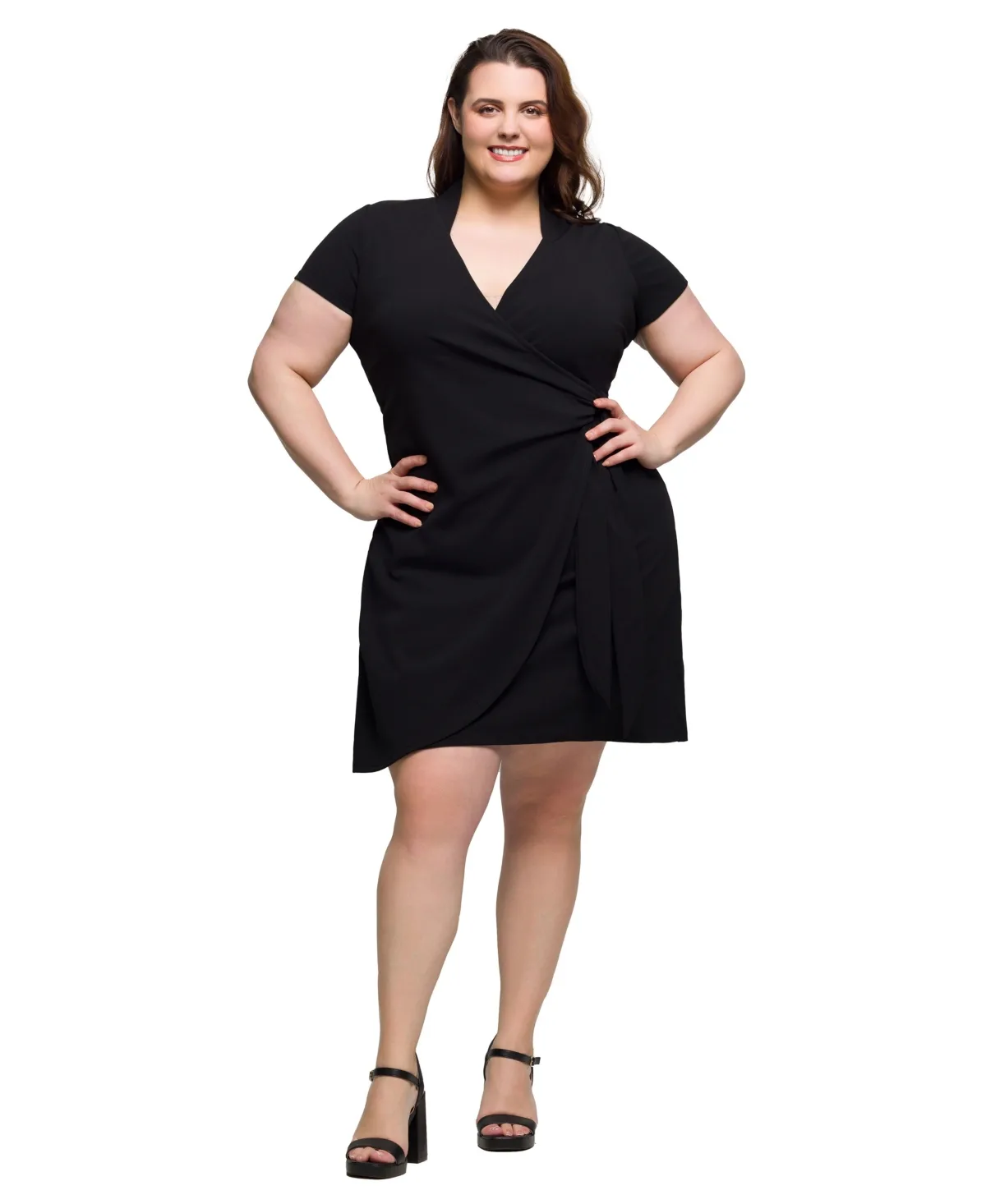 Mandarin Collar Knee Length Wrap Dress by 24seven Comfort Apparel