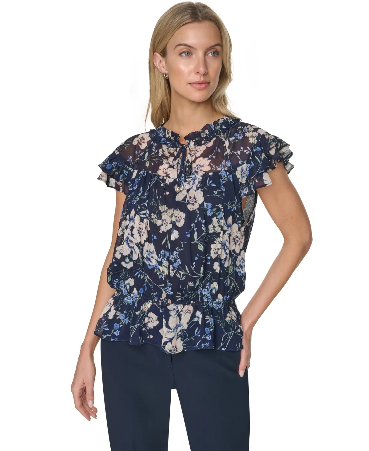 Peplum Flutter-Sleeve Pull-On Blouse