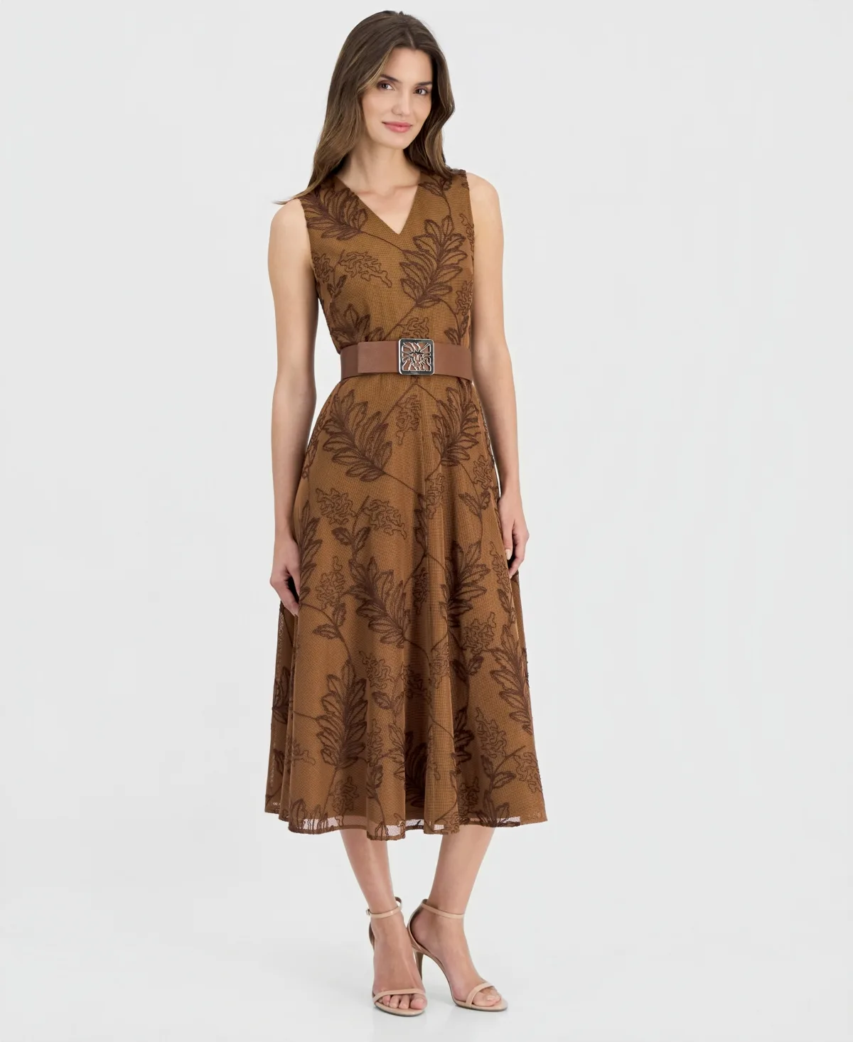V-Neck Embroidered Belted Midi Dress by Anne Klein