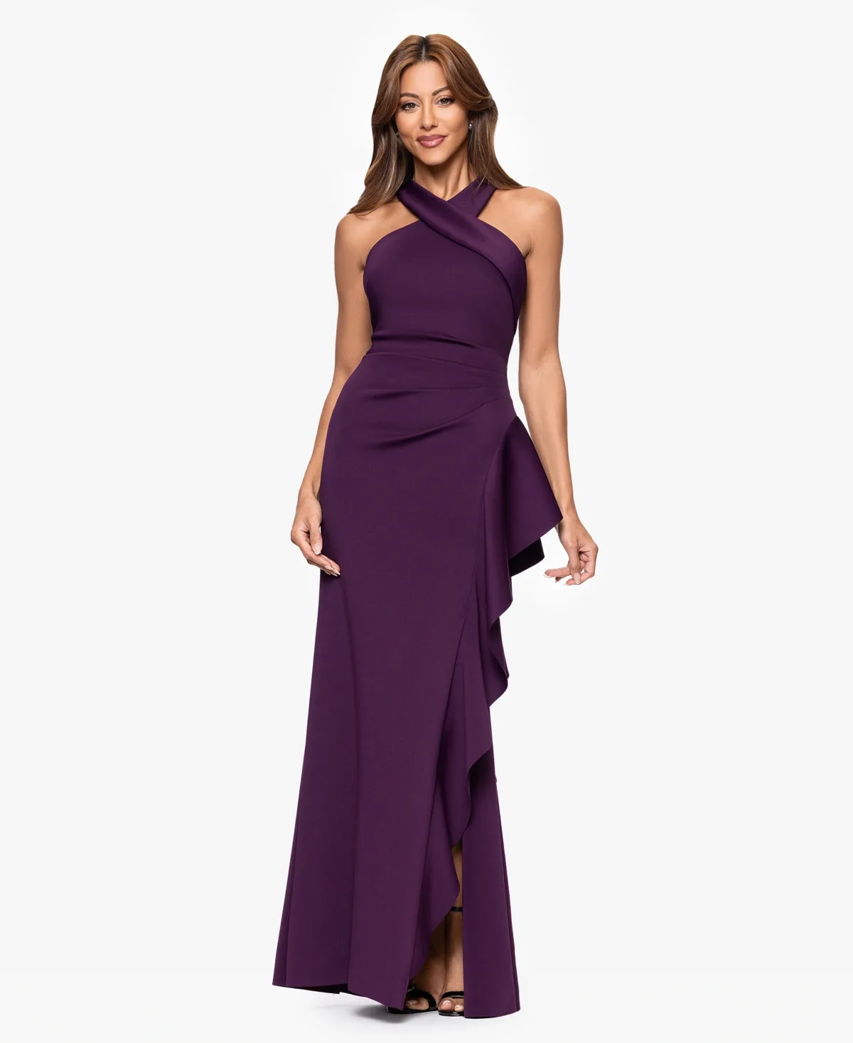 Crisscross Halter Side-Ruffled Gown