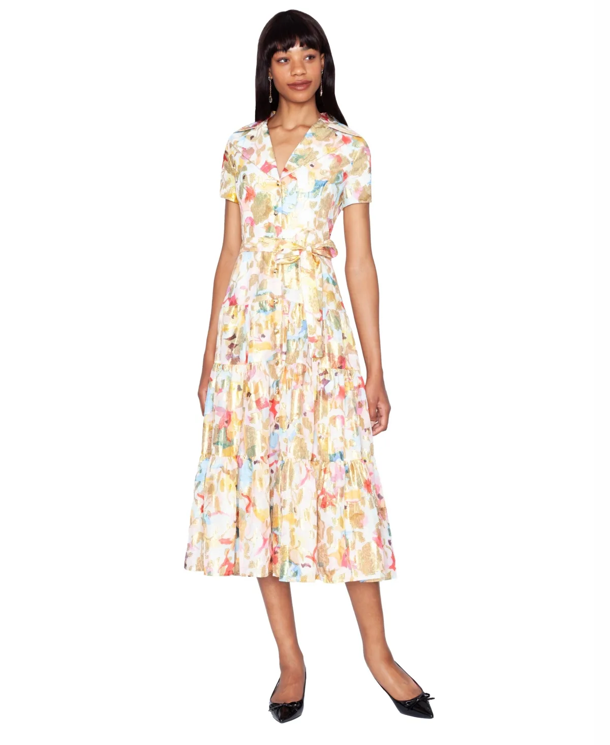 V-Neck Tiered Polyester Midi Shirt Dress by White Tie By Shani