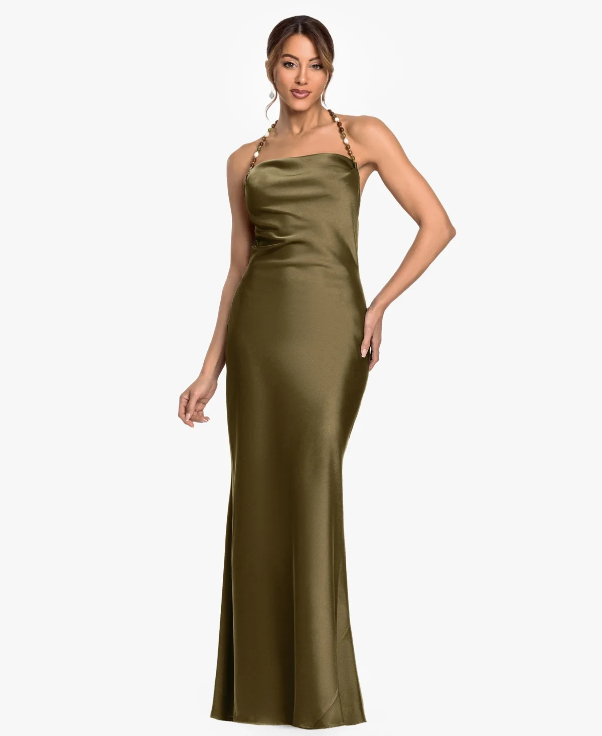 Cowl Neck Beaded Straps Column Gown by Betsy & Adam