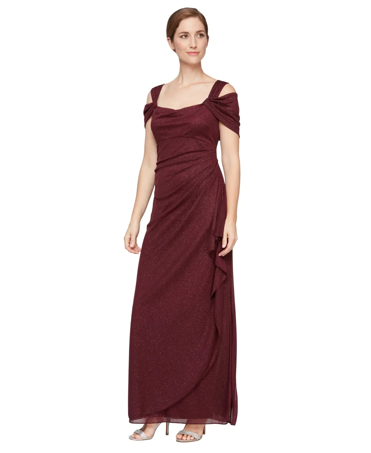 Cold-Shoulder Draped Metallic Gown by Alex Evenings