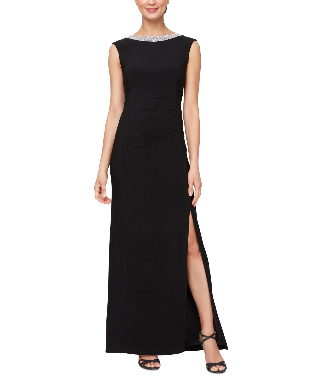 Embellished-Neck Side-Slit Gown by Alex Evenings