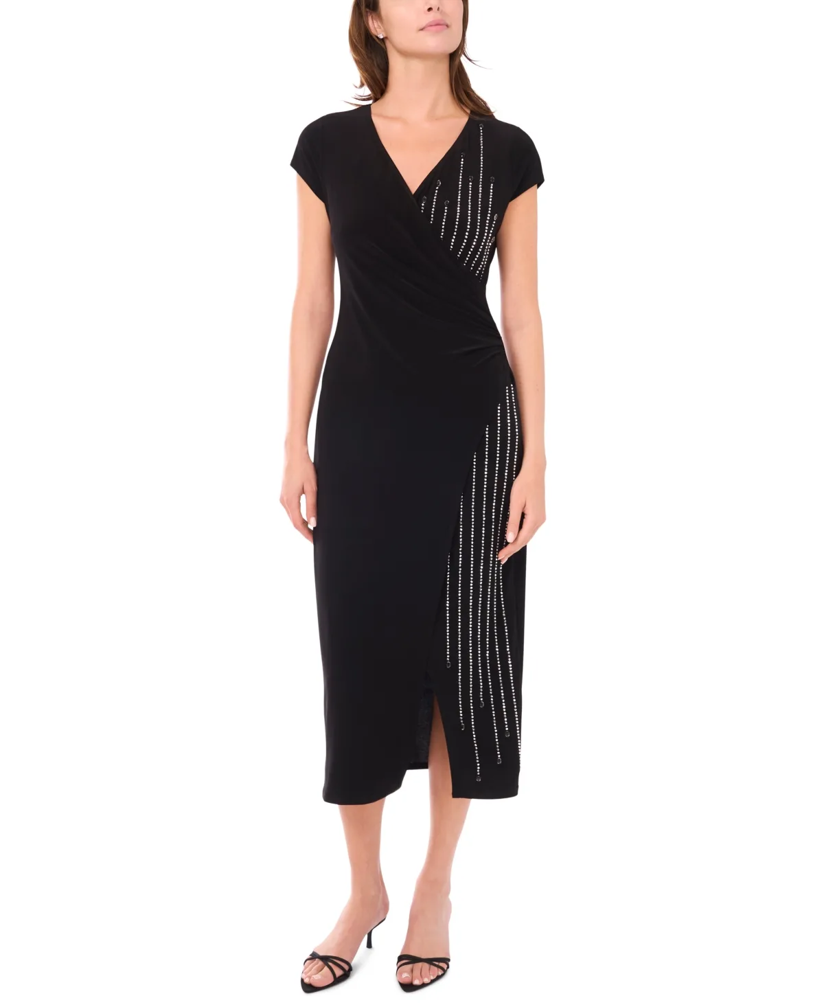 Short Sleeve Surplice and Beaded Front Midi Dress by Msk