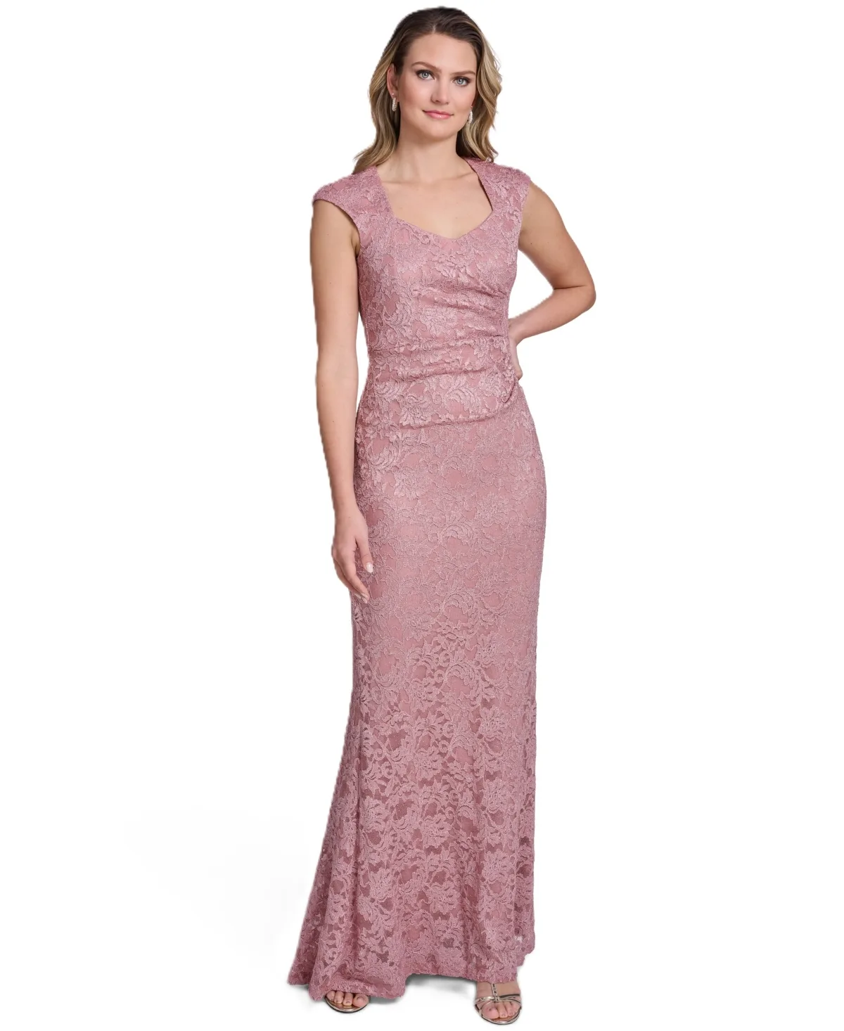 Extended Cap-Sleeve Sweetheart Neck Side Tuck Gown