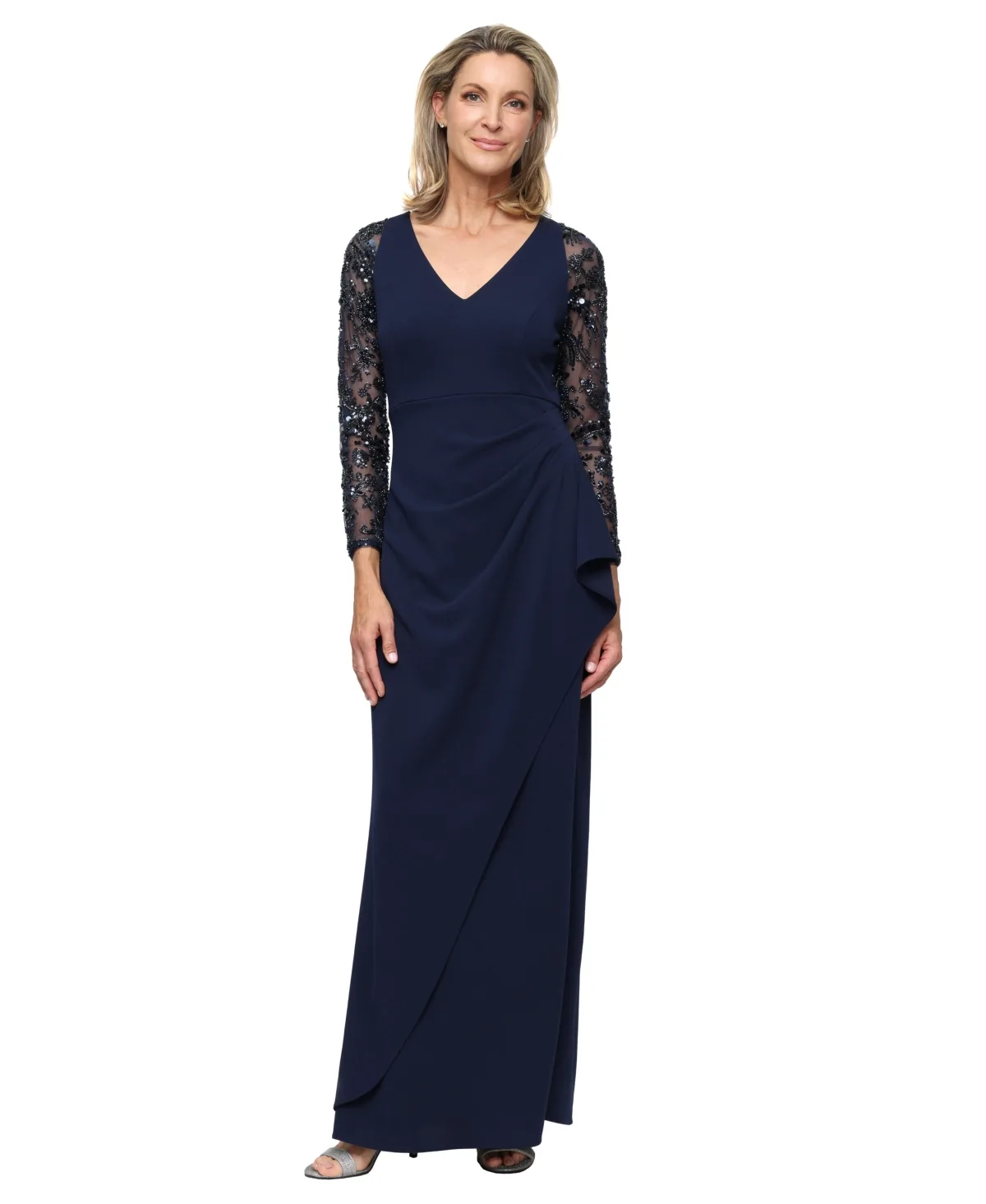Long Stretch Crepe V-Neck Dress with Beaded Illusion-Sleeve by Sl Fashions