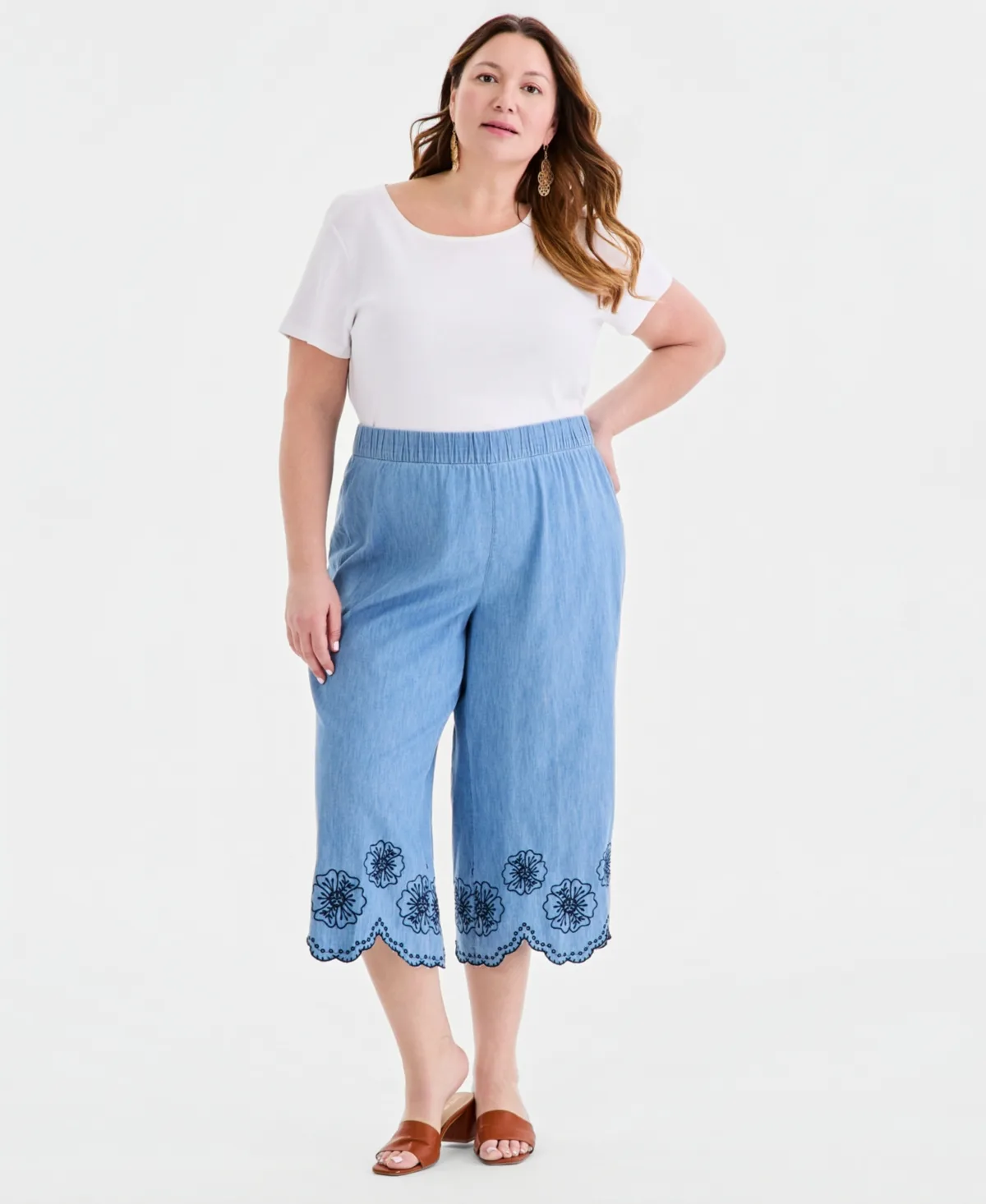 Cotton Chambray Embroidered-Hem Capri Pants