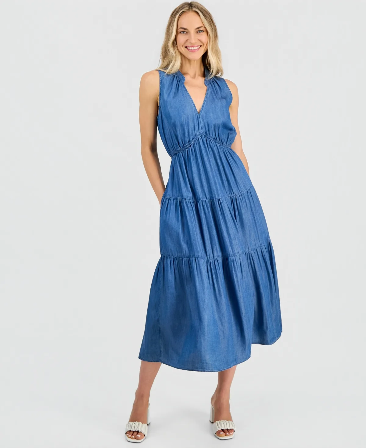 V-Neck Sleeveless Tiered Midi Dress