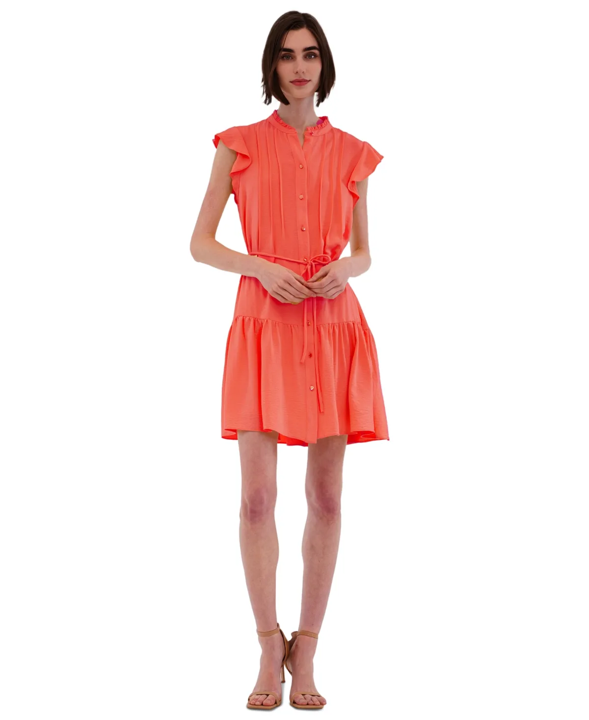 High-Neck Tie-Waist Tiered Shirtdress by Julia Jordan