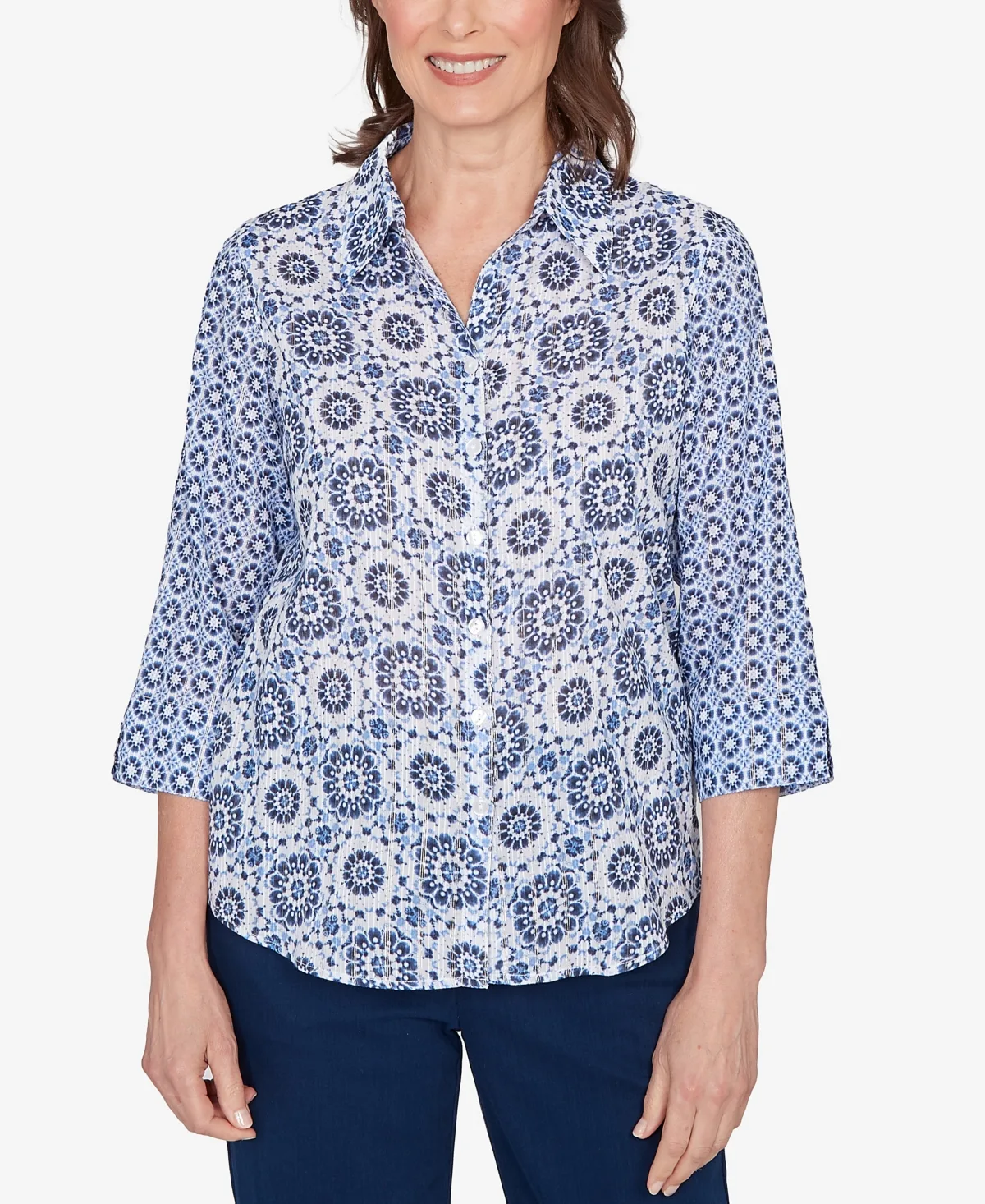 Mykonos Geometric Button Front Collared Top by Alfred Dunner