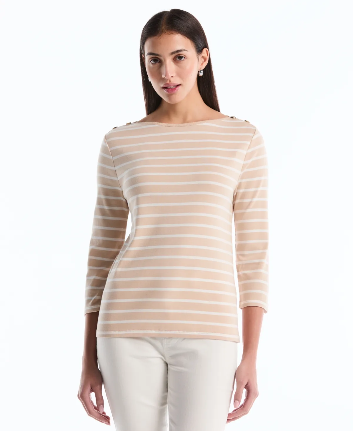 Stripe Button Detail Boat Neck Top by Rafaella