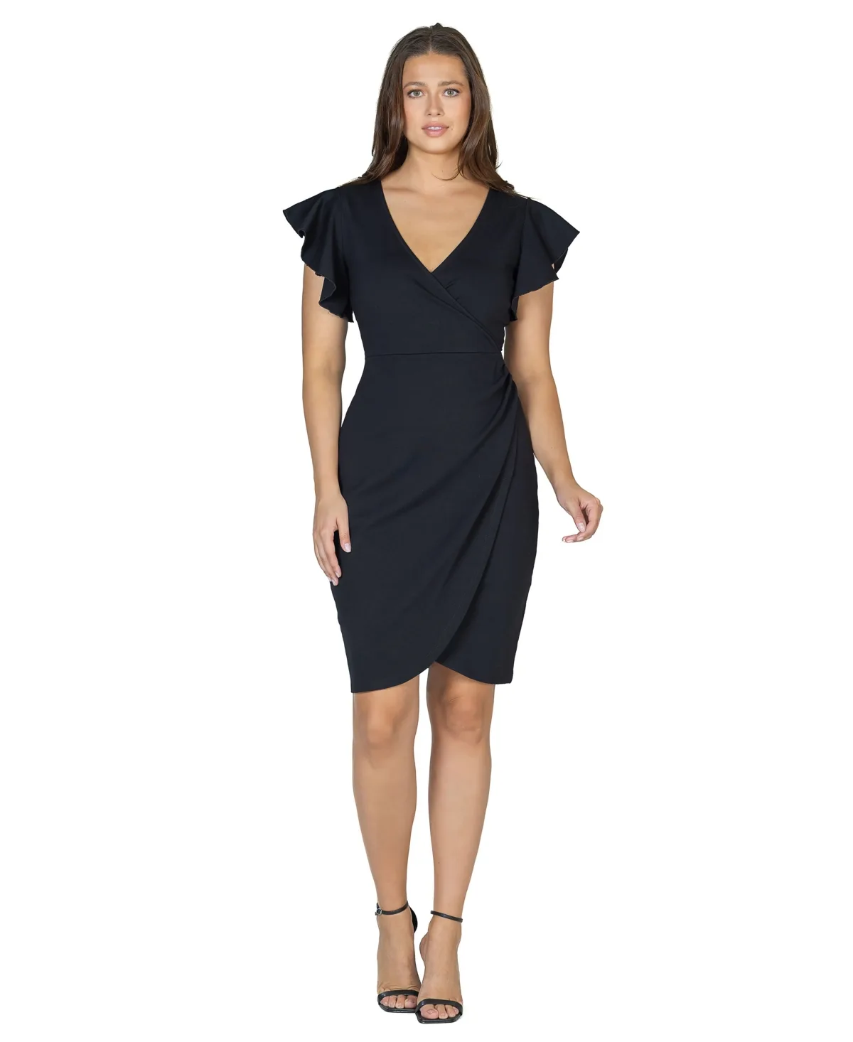 V-Neck Ruffle Sleeve Knee Length Dress by 24seven Comfort Apparel