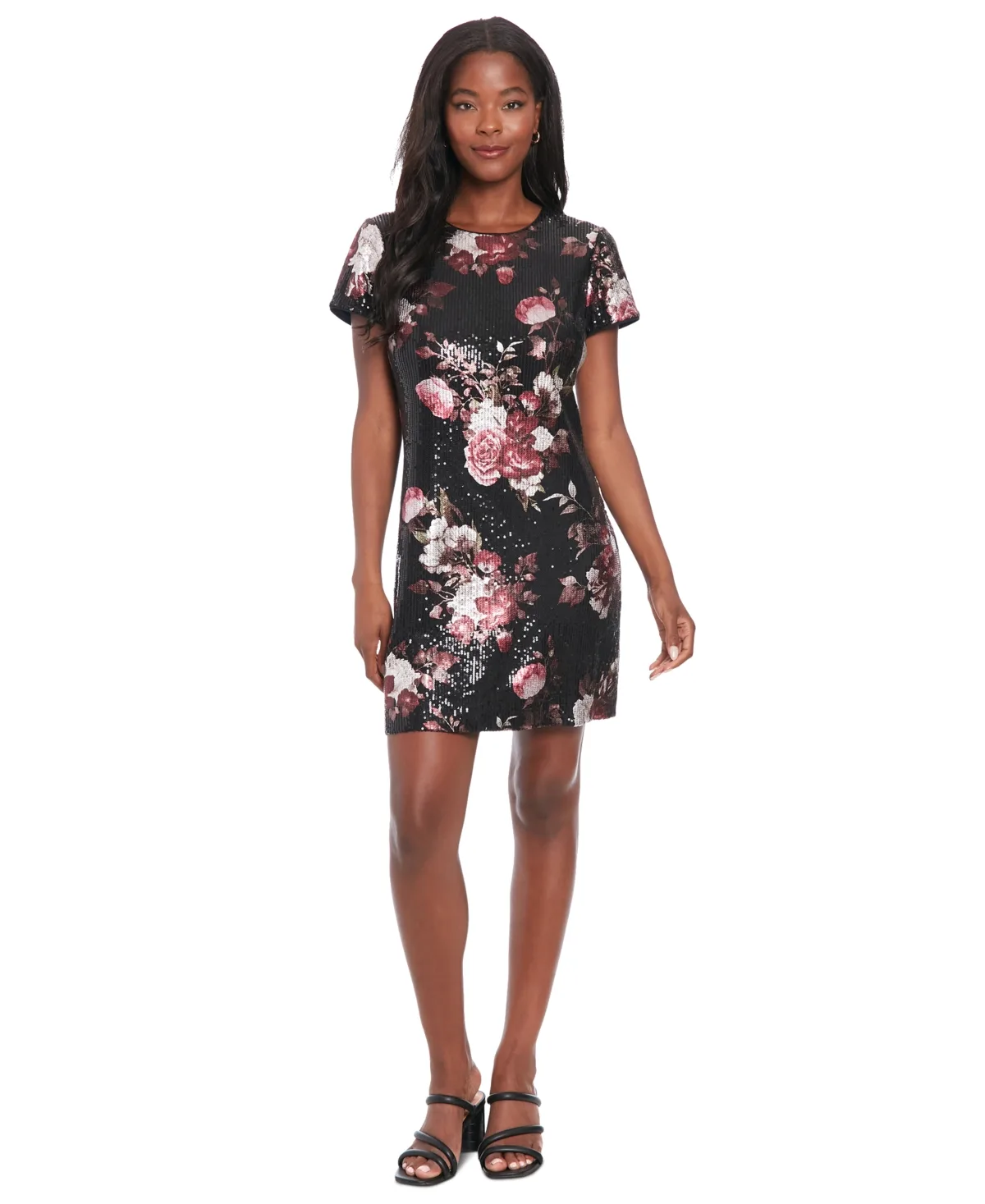 Floral-Sequin Short-Sleeve Dress by London Times