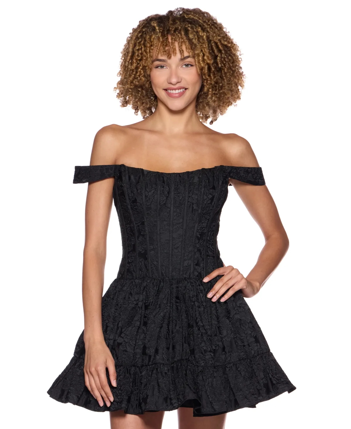Off-The-Shoulder Corset Bodice Jacquard Dress by Alex & Sophia