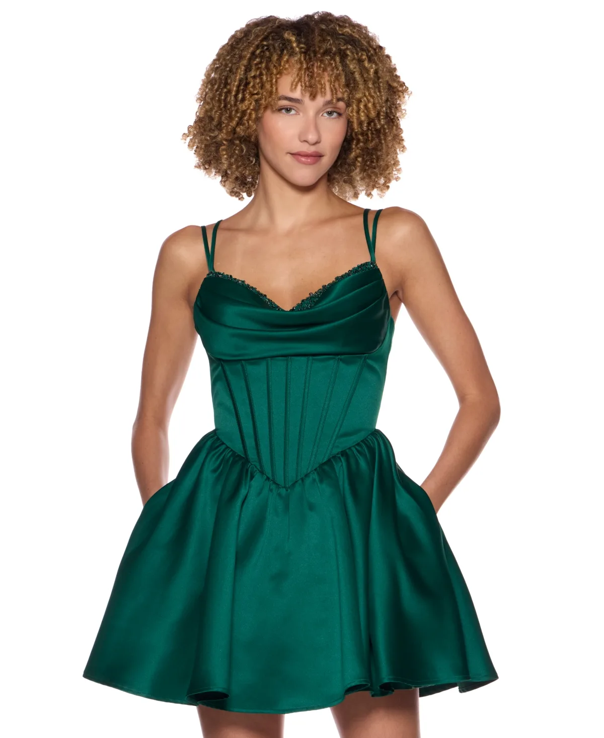 Drape Stone Detail Neck Satin Dress by Alex & Sophia