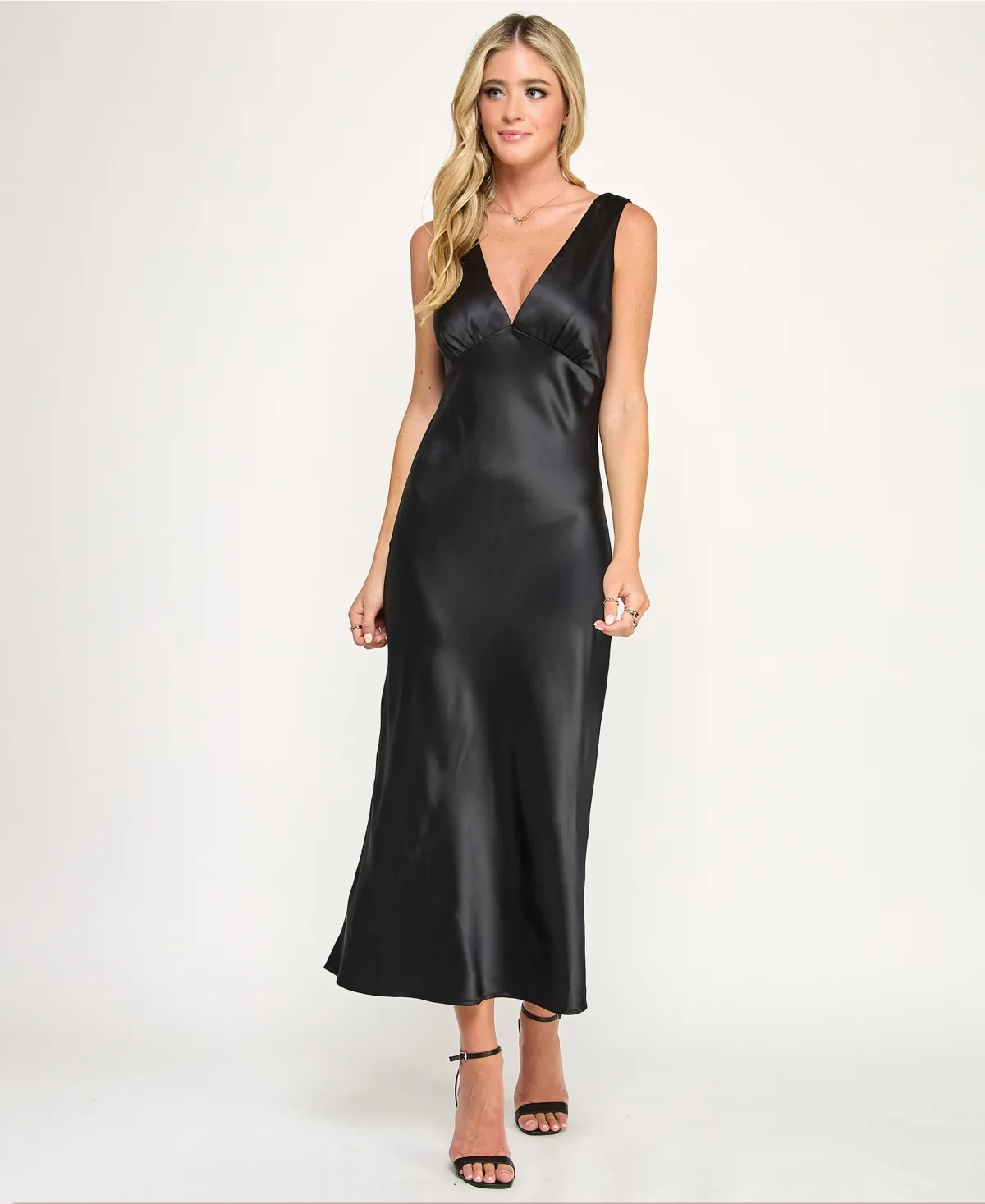V-Neck A-Line Satin Midi Dress