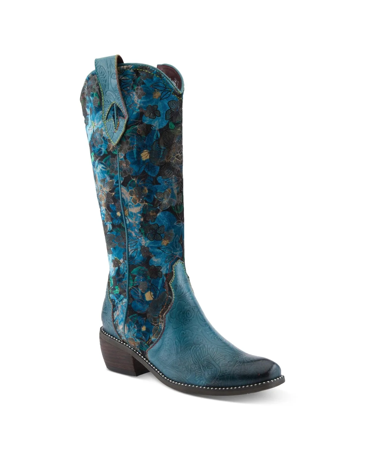 L Artiste Rodeoqueen-Viv Western Tall Boots with Embossed Leather, Floral Velvet Shaft, and Stacked Heel by L'artiste