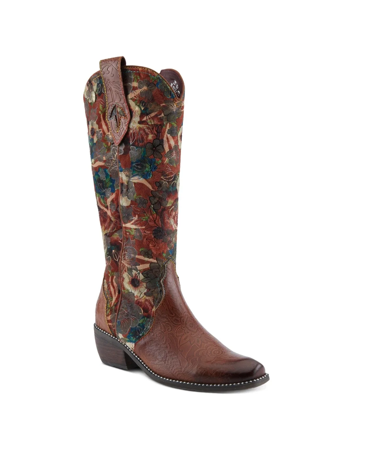 L Artiste Rodeoqueen-Viv Western Tall Boots with Embossed Leather, Floral Velvet Shaft, and Stacked Heel