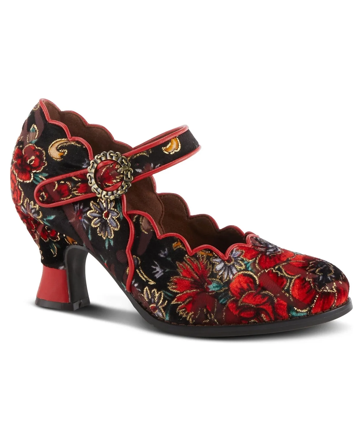 Adodora-Prit Baroque Mary Jane Shoes with Velvet and Leather Upper, Scalloped Edges, Antique Buckle, Cushioned Insole, and Sculpted by L'artiste
