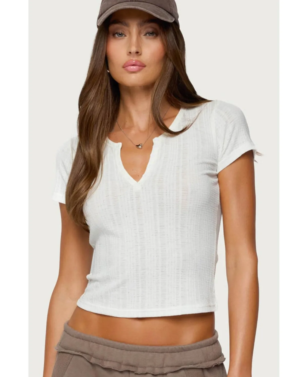 Semi Sheer Ribbed V Neck T Shirt by Edikted
