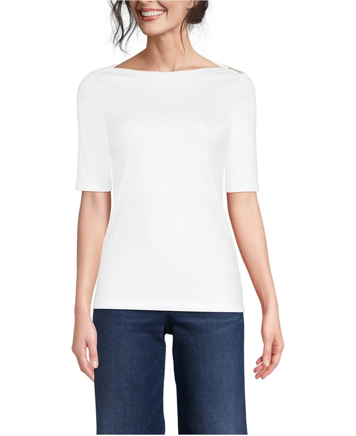 Supima Cotton Elbow Sleeve Boatneck Button Shoulder Tee by Lands' End