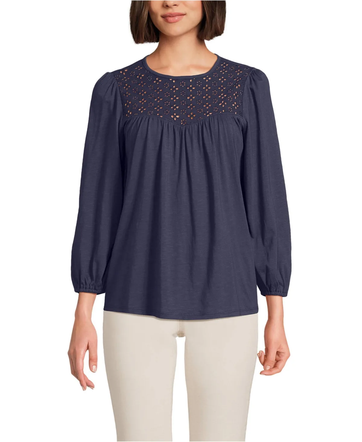 3/4 Sleeve Eyelet Mix Flowy Top by Lands' End