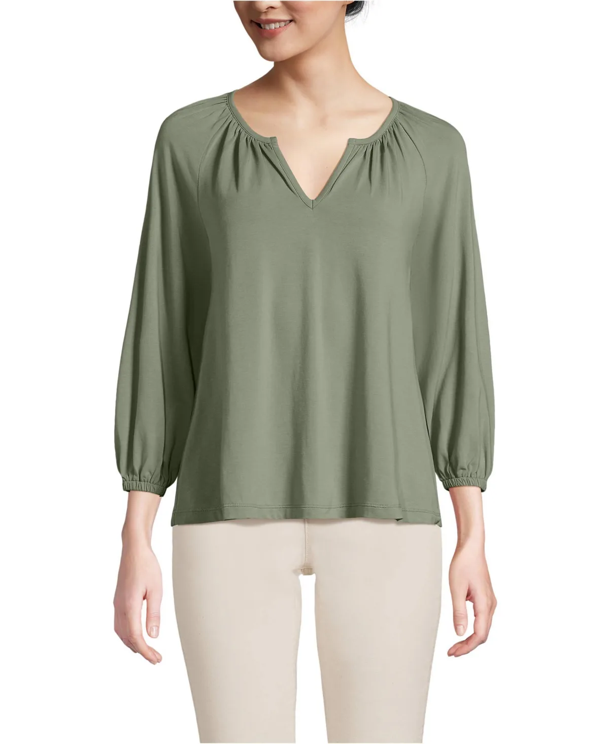Lightweight Jersey 3/4 Sleeve Notch Neck Gather Blouse by Lands' End