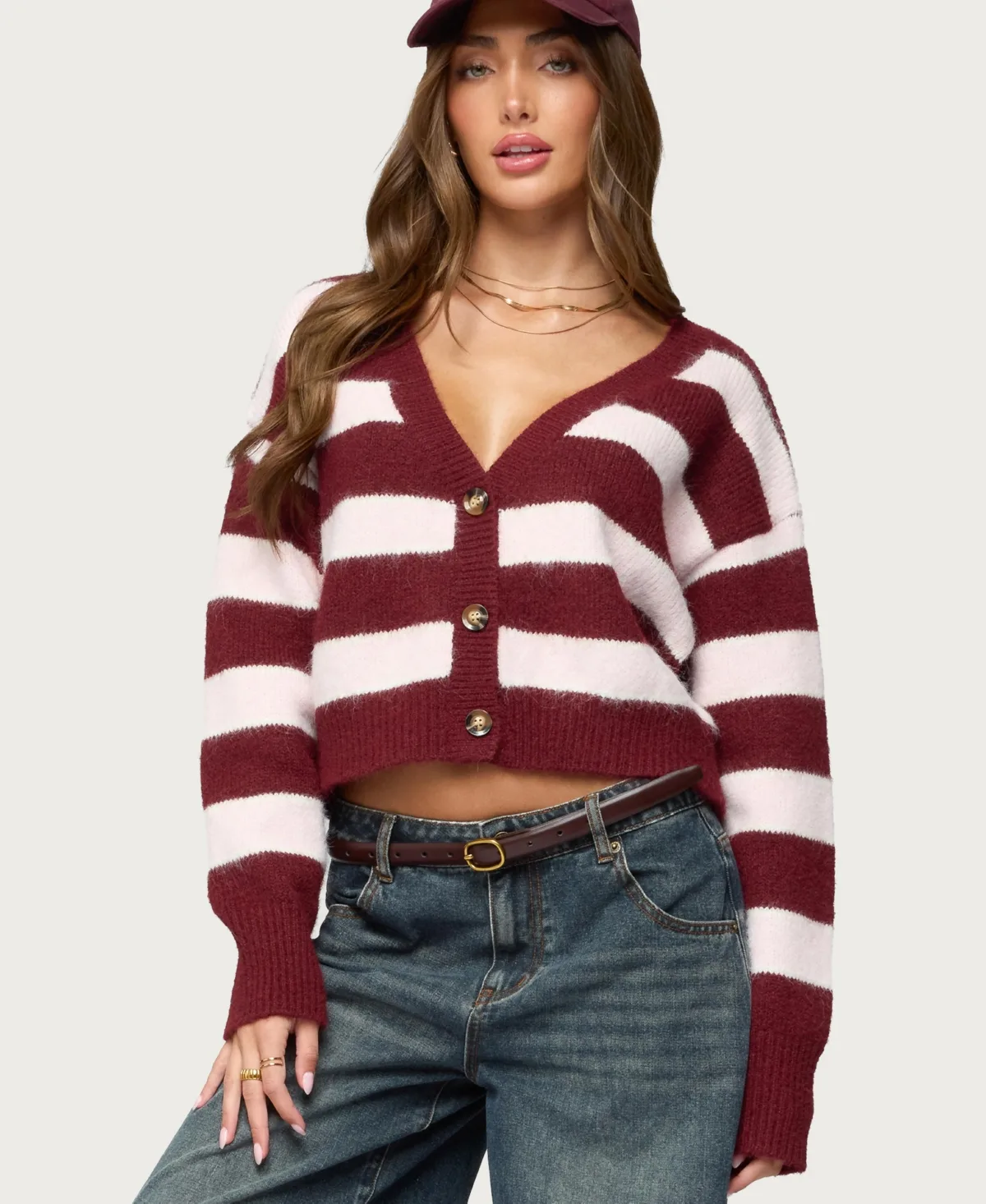 Kaz Striped Knit V Neck Cardigan by Edikted