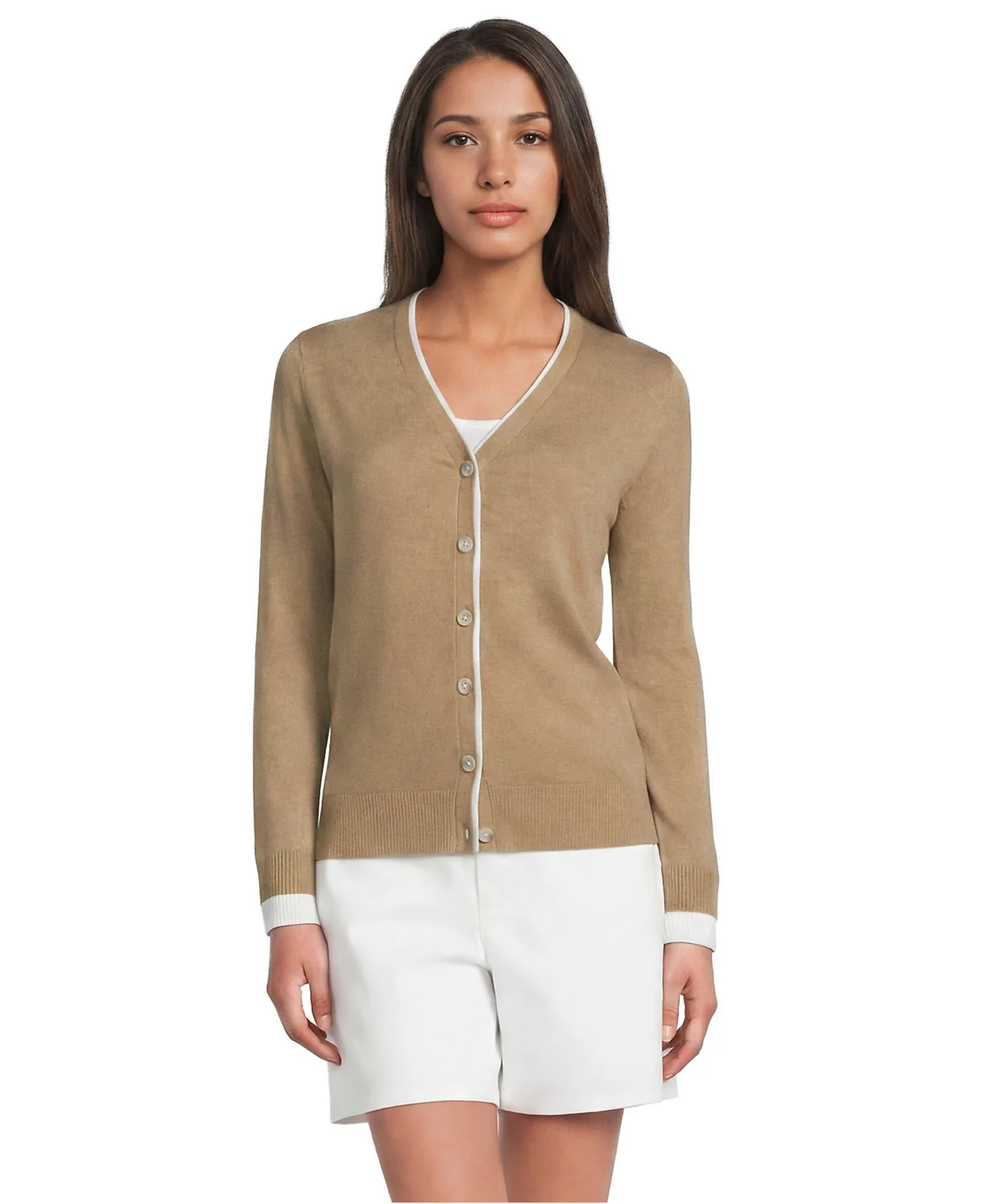 Double Trim Cotton V-Neck Cardigan Sweater by Lands' End