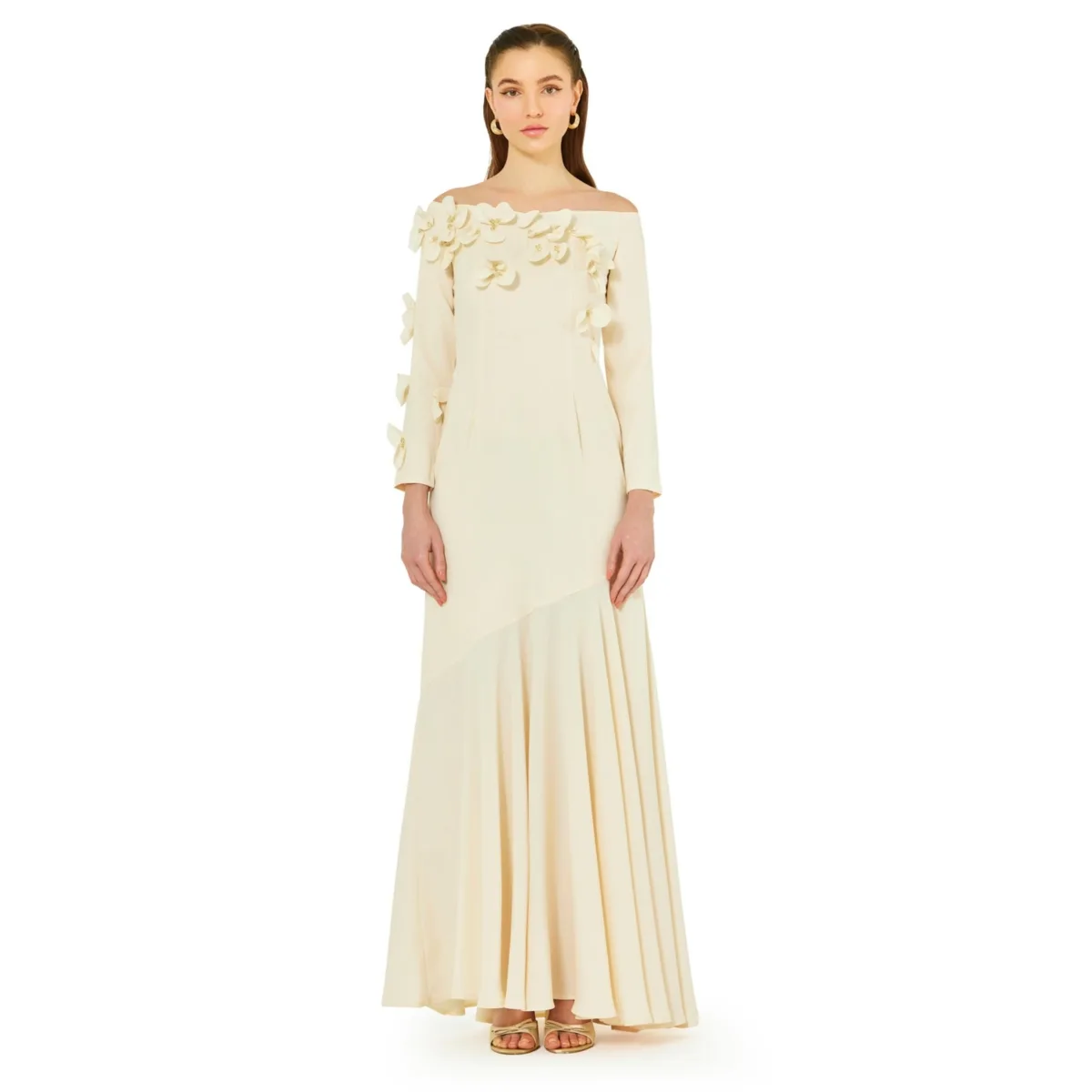 Off-The-Shoulder Floral Embellished Flary Gown by Amri