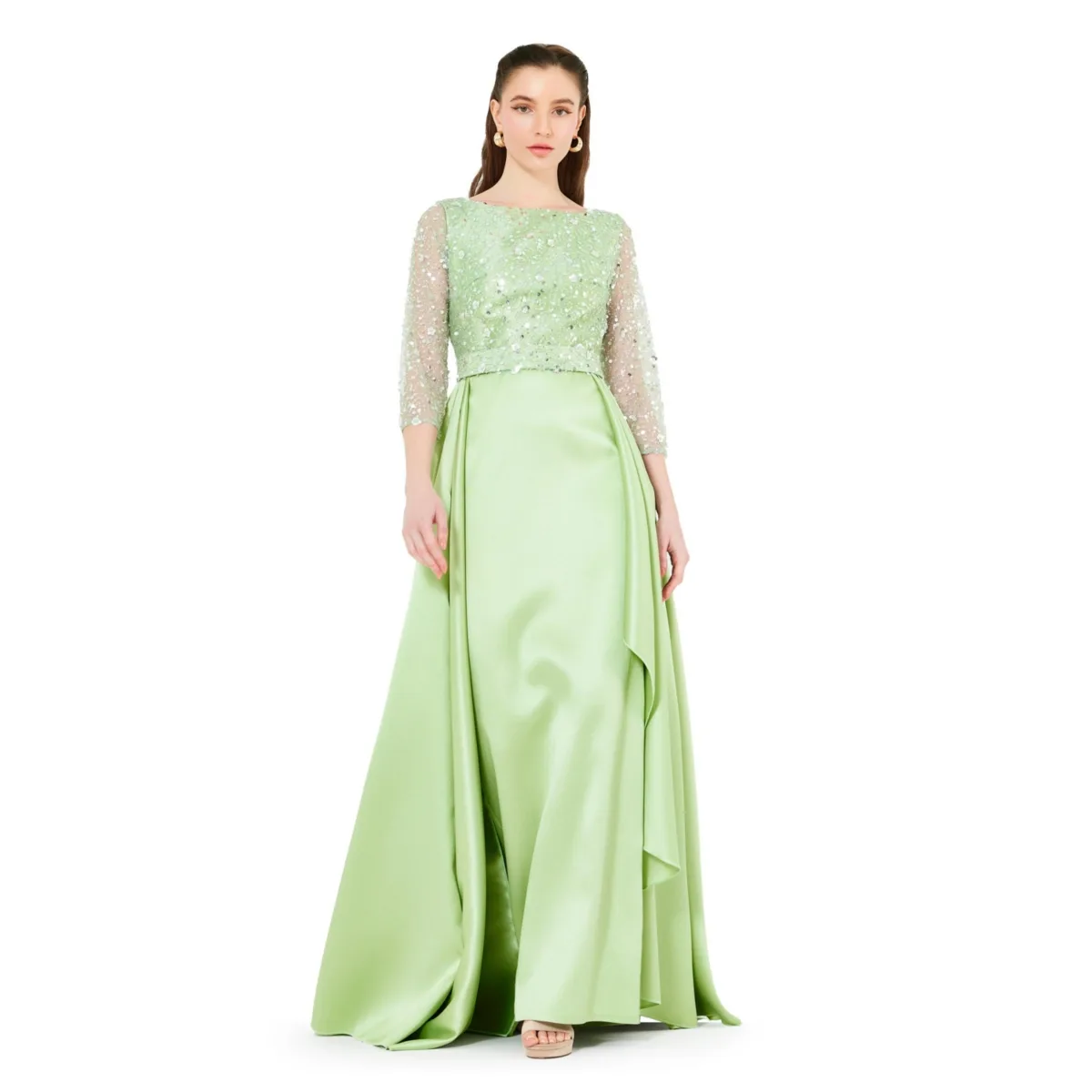 Beaded Bodice Column Gown with Cascading Train by Amri