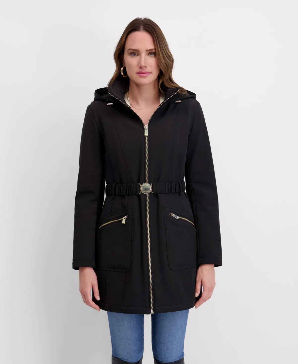 Hooded, Metal Buckle Belted Softshell with Embossed Panels