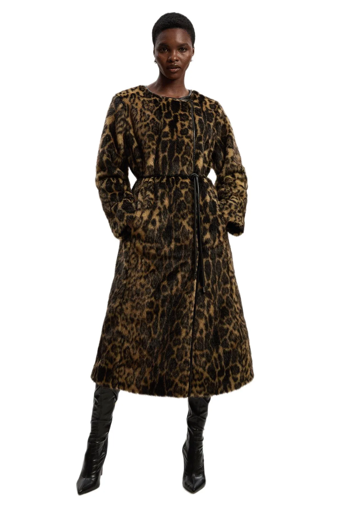 Faux Fur Collarless Tie Belted Midi Coat