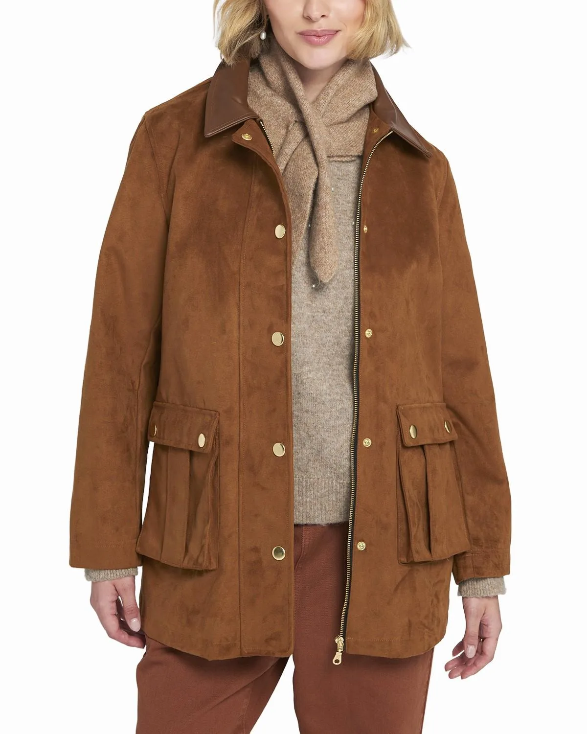 Faux Suede Barn Jacket Utility Coat by Elle Collection