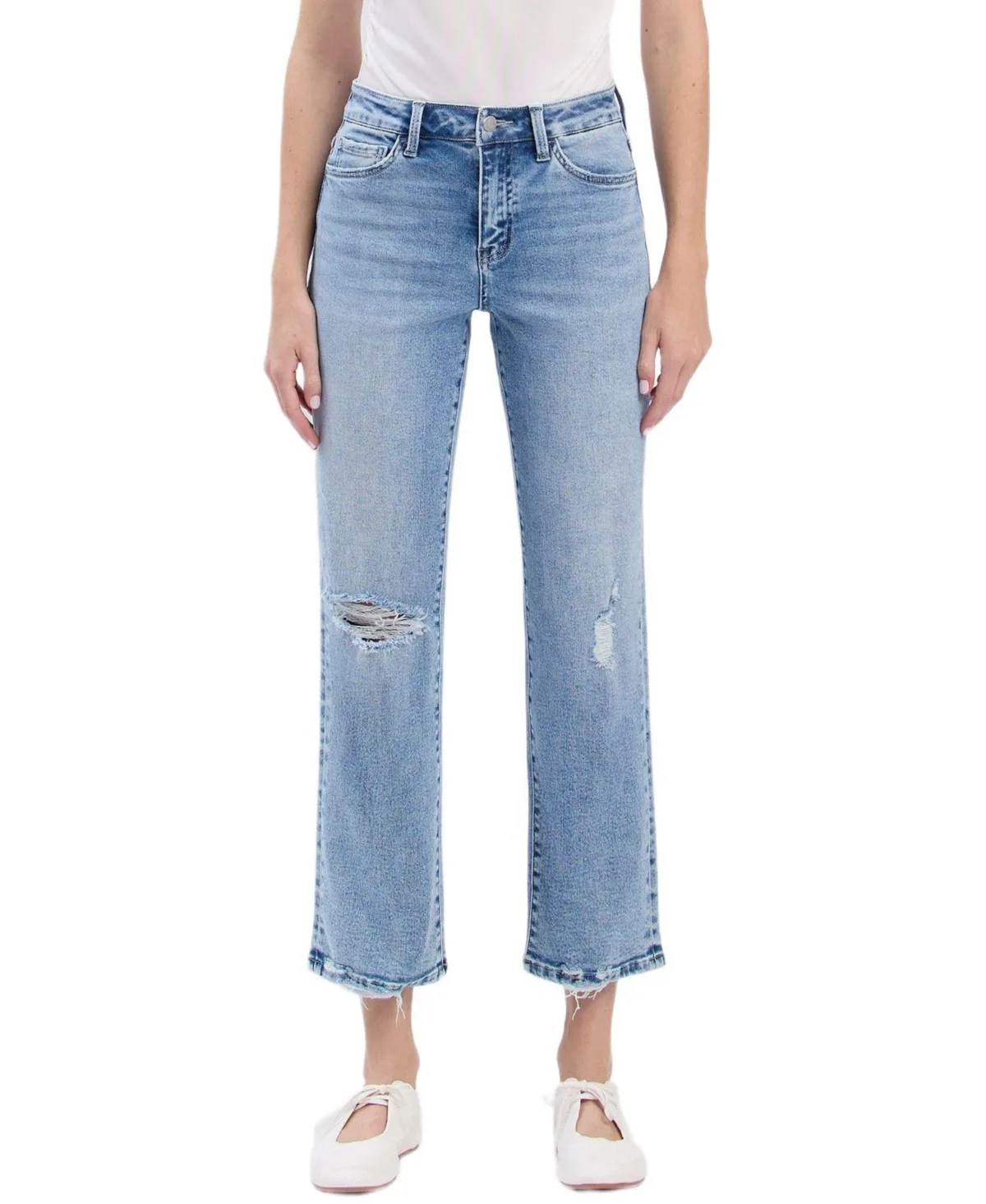 High Rise Distressed Ankle Straight Jeans by Vervet