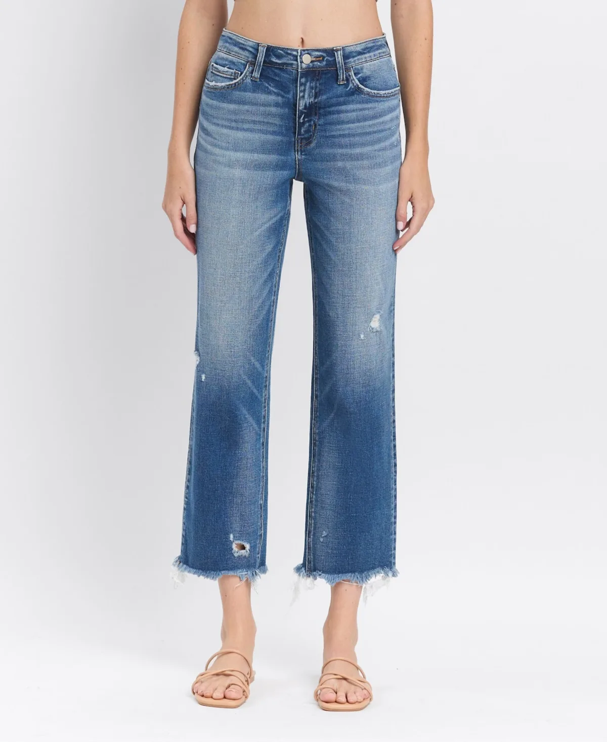 High Rise Frayed Hem Crop Straight Jeans by Flying Monkey