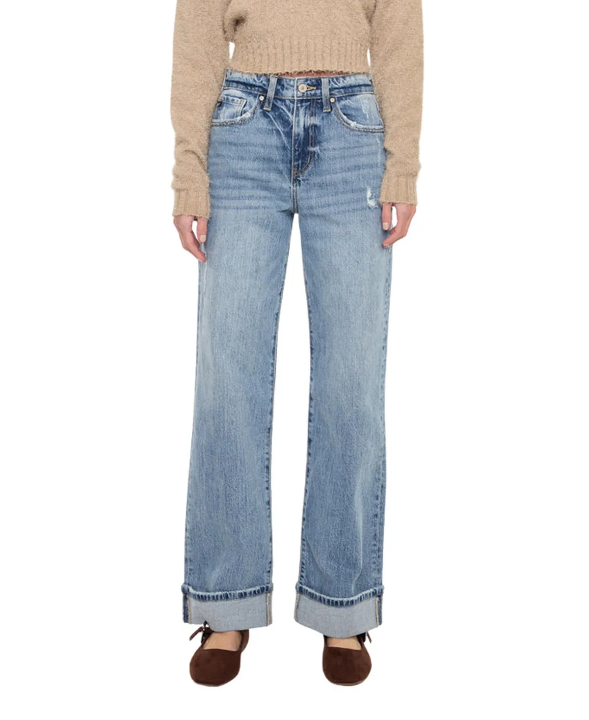 Kolbie High Rise Cuffed Wide Leg Jeans by Kancan