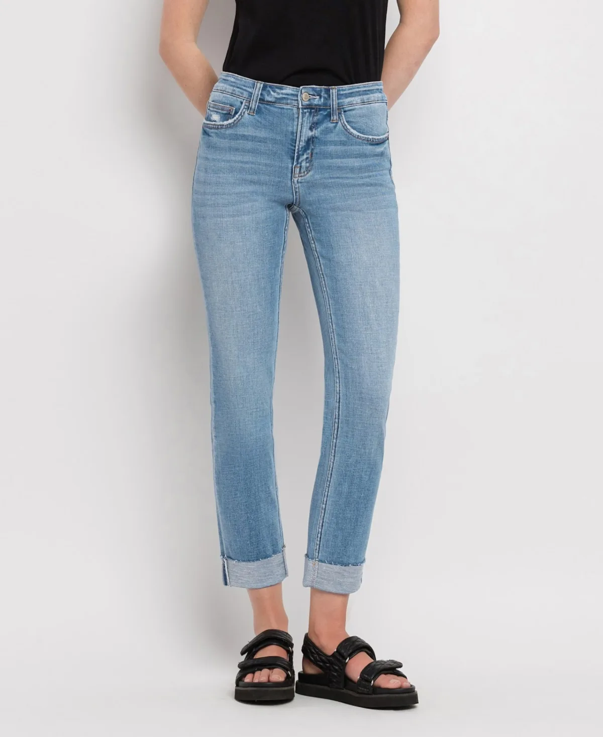 Mid Rise Cuffed Slim Straight Jeans by Flying Monkey