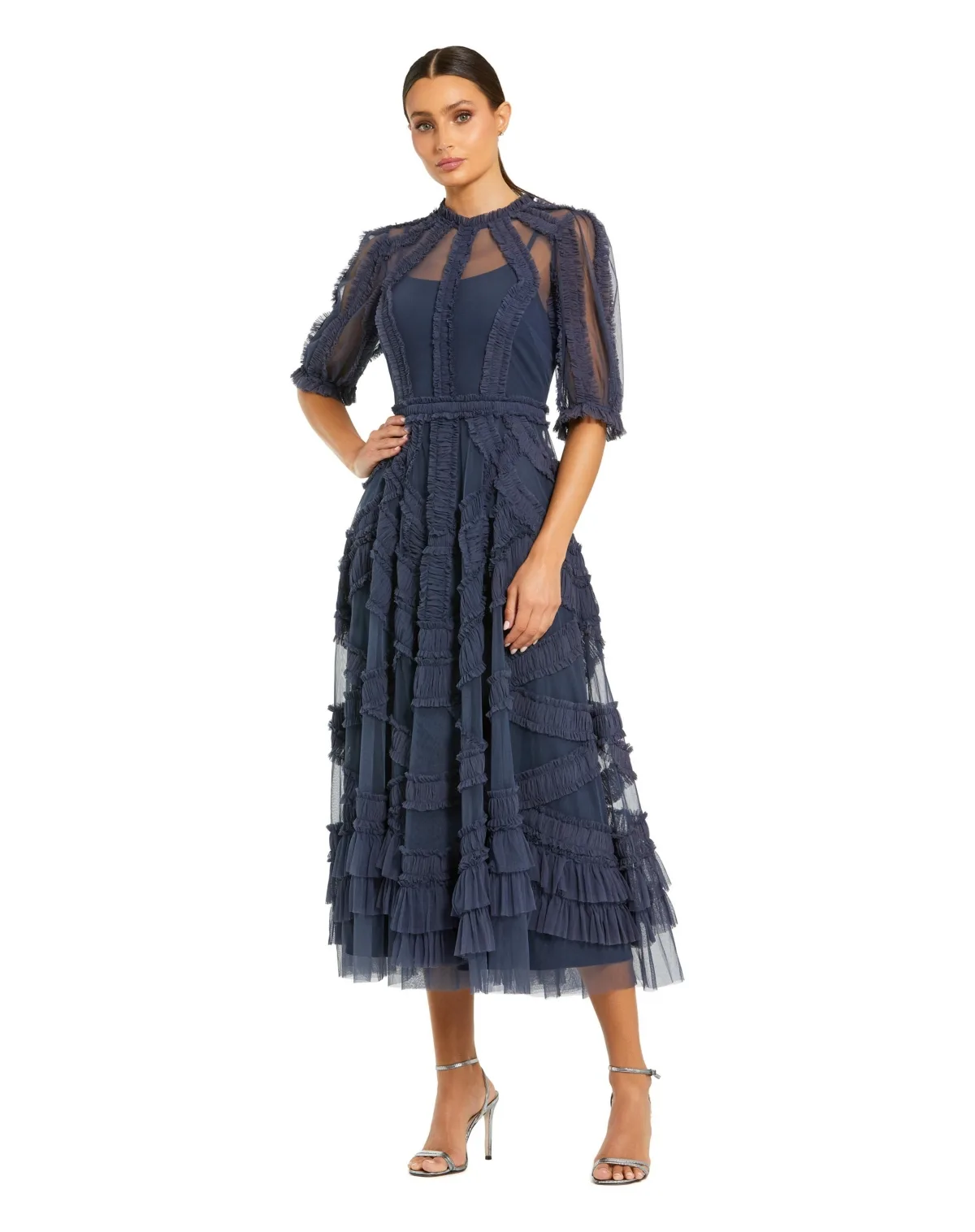 High Illusion Neck Ruffle Tiered A-Line Midi Dress