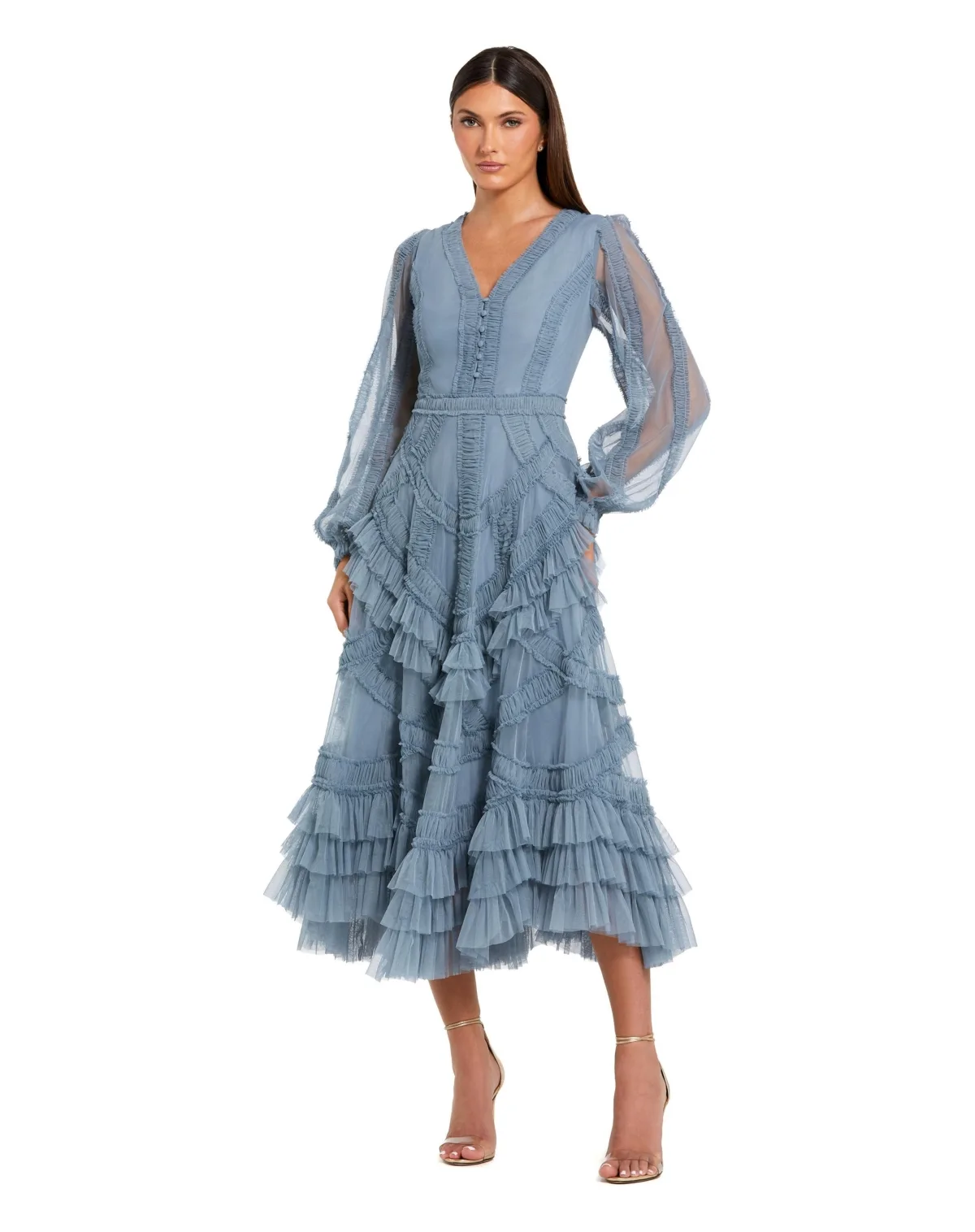 Long Sleeve V Neck Mesh Micro Ruffle Midi Dress
