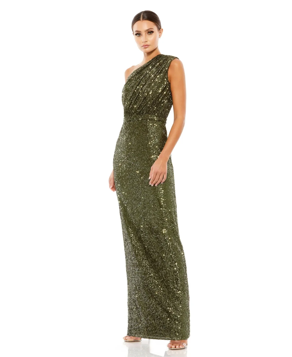 One Shoulder Ruched Sequin Evening Gown