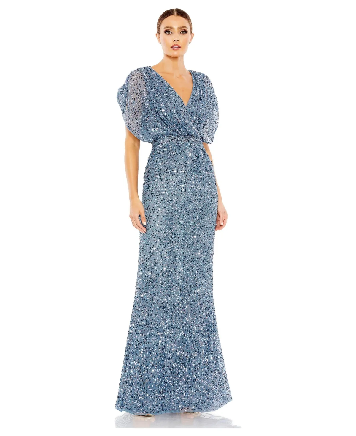 Draped Sleeve V Neck Gown by Mac Duggal