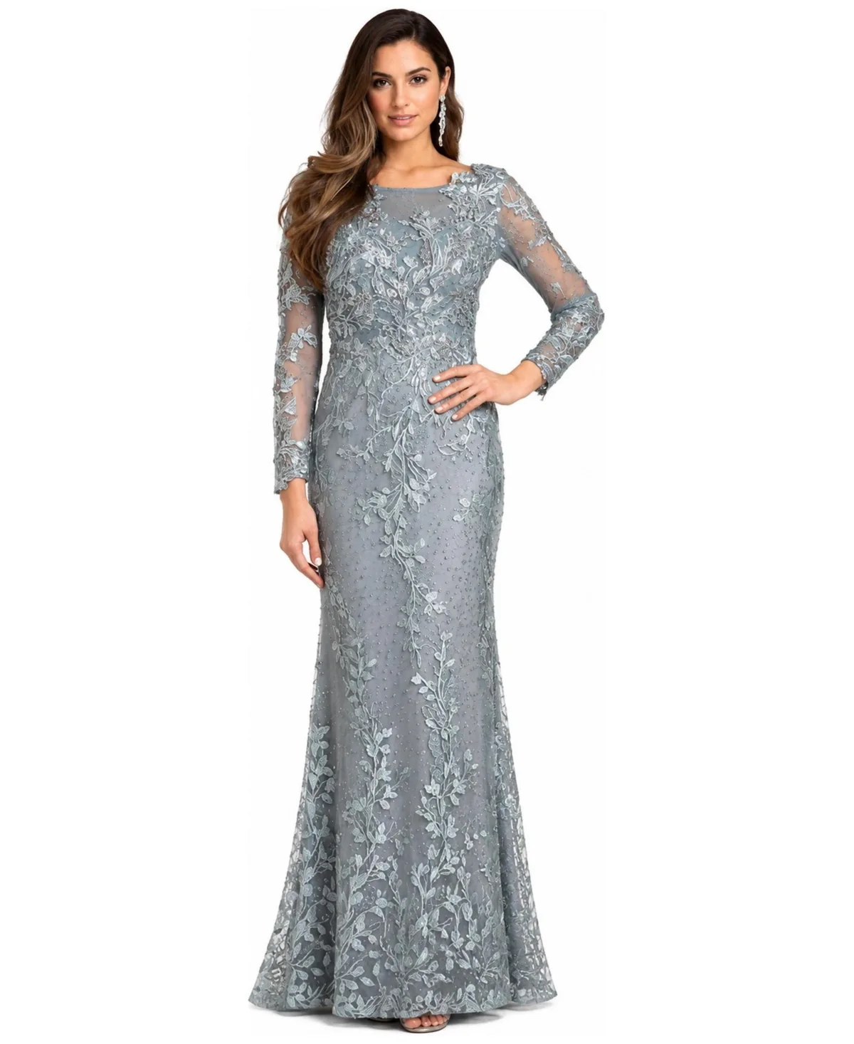 Long Sleeve Lace Dress with Lace Appliques by Lara