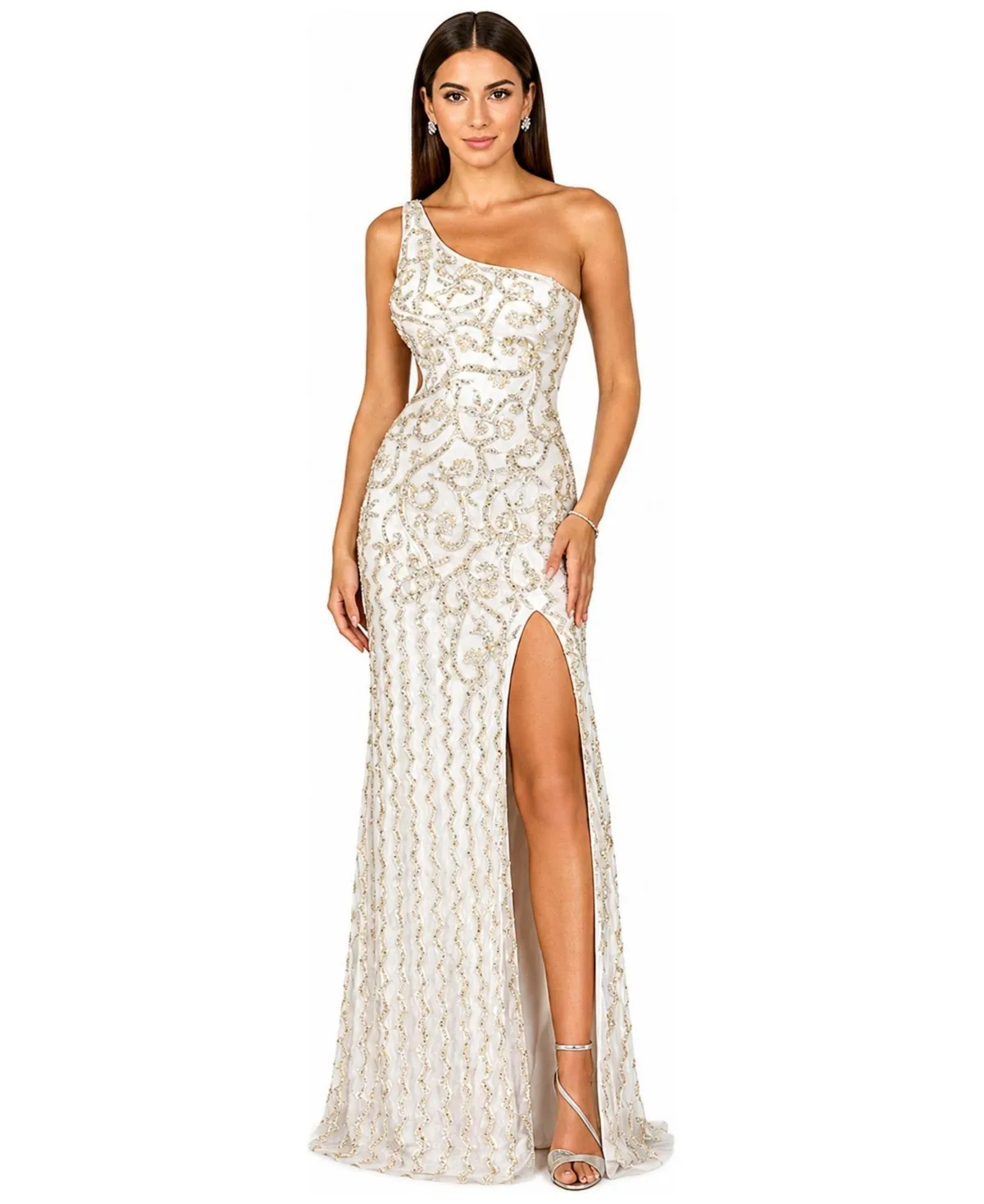 One-Shoulder Beaded Gown with Slit