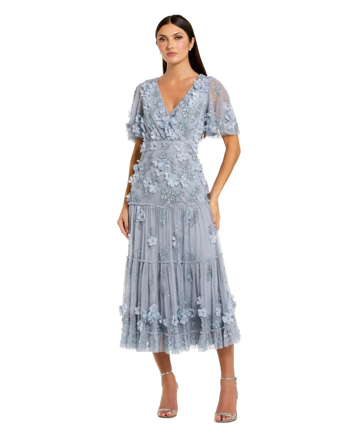Floral Applique Embellished Flutter Sleeve Midi Dress by Mac Duggal