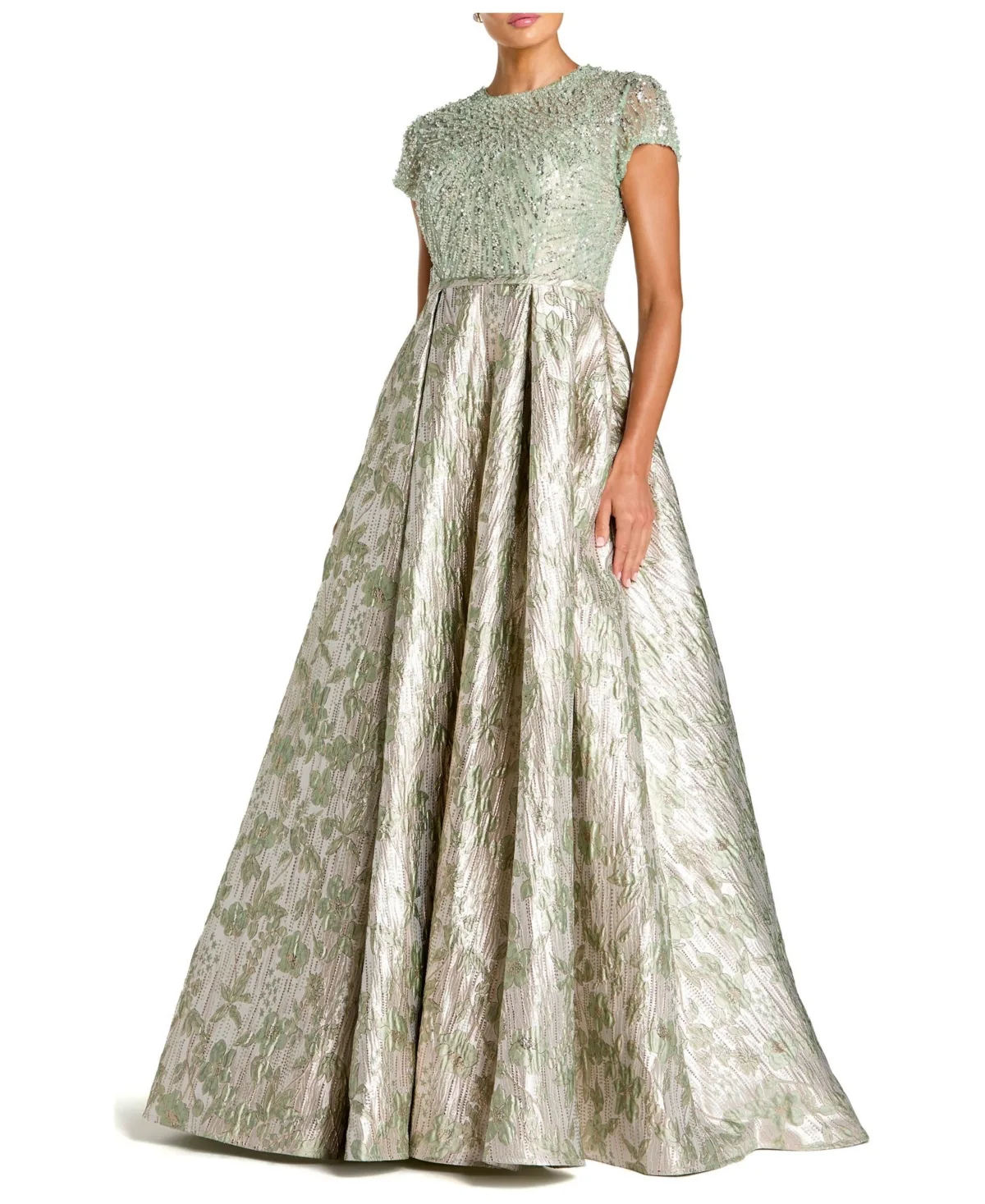 Beaded Cap Sleeve Ball Gown with Metallic Brocade Skirt by Mac Duggal